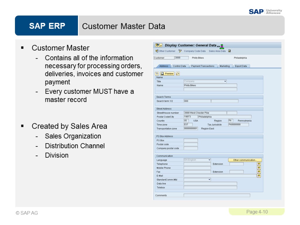 Customer Master Data Customer Master Contains all of the information necessary for processing orders,